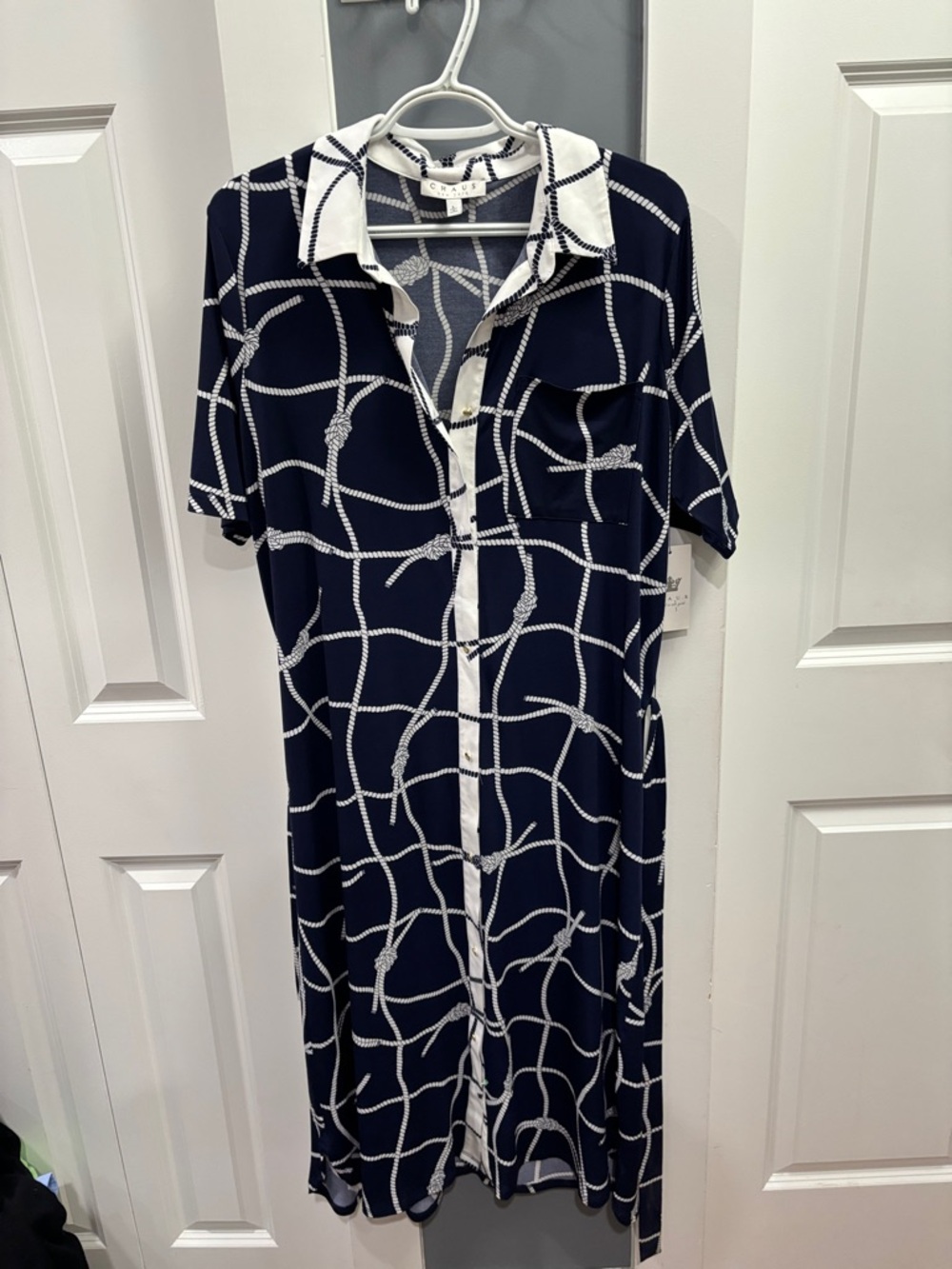 NWT. Chaus Navy and White Rope-Grid Maxi Shirt Dress